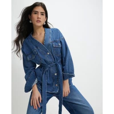 Petite Blue Tie front Denim Jacket