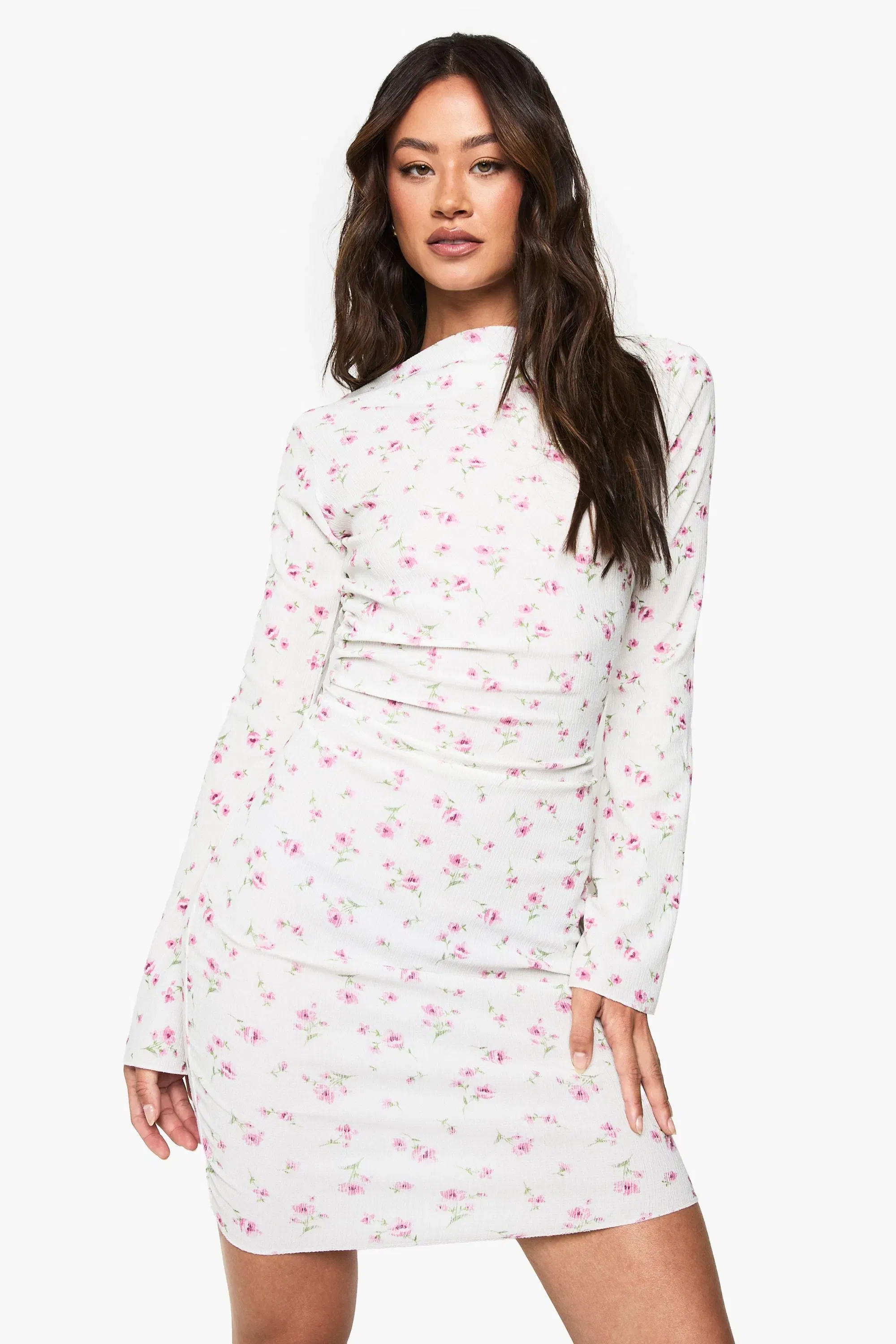 Tall Textured Floral Draped Neck Mini Dress