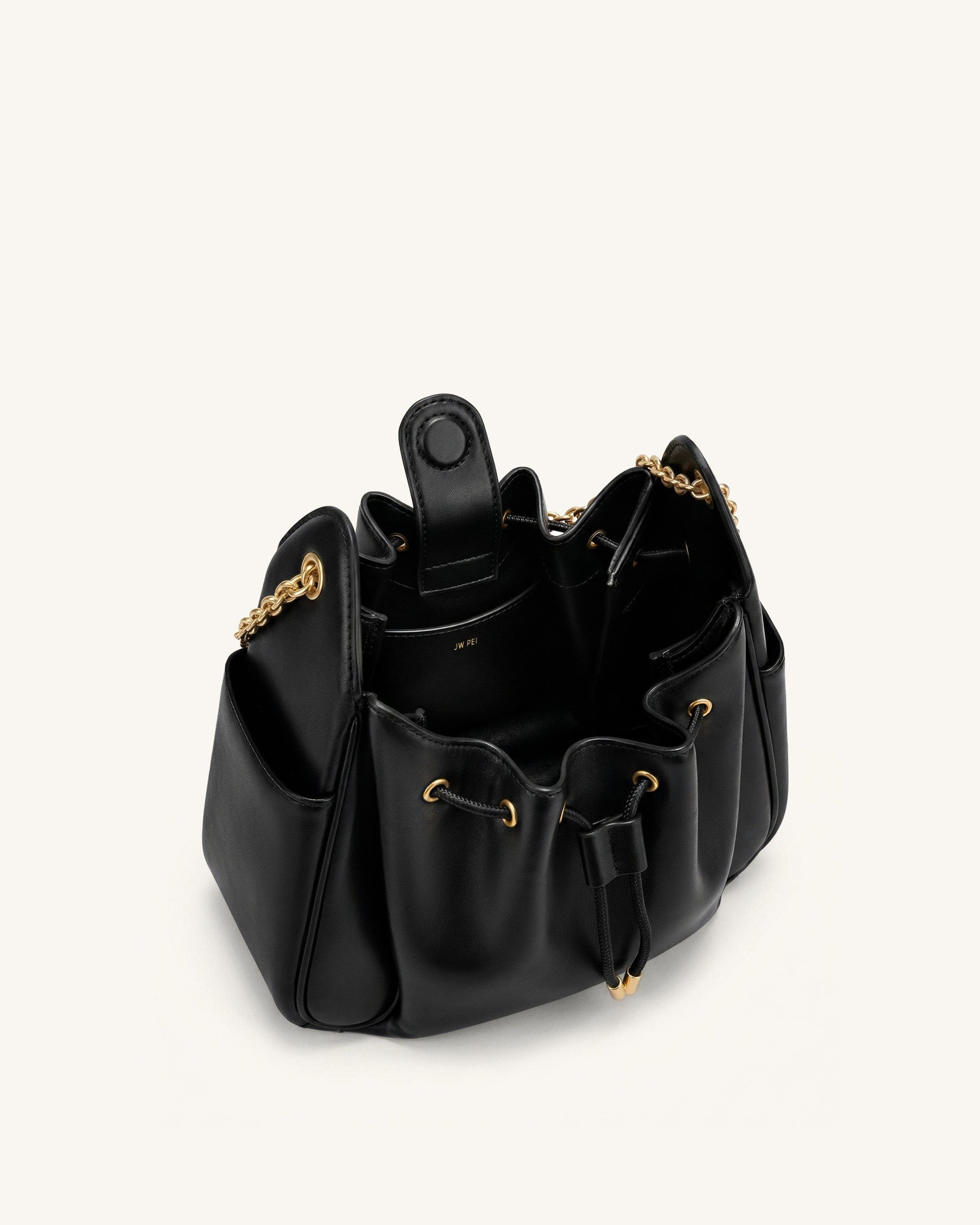 Rowan Ruched Drawstring Chain Bucket Bag - Black