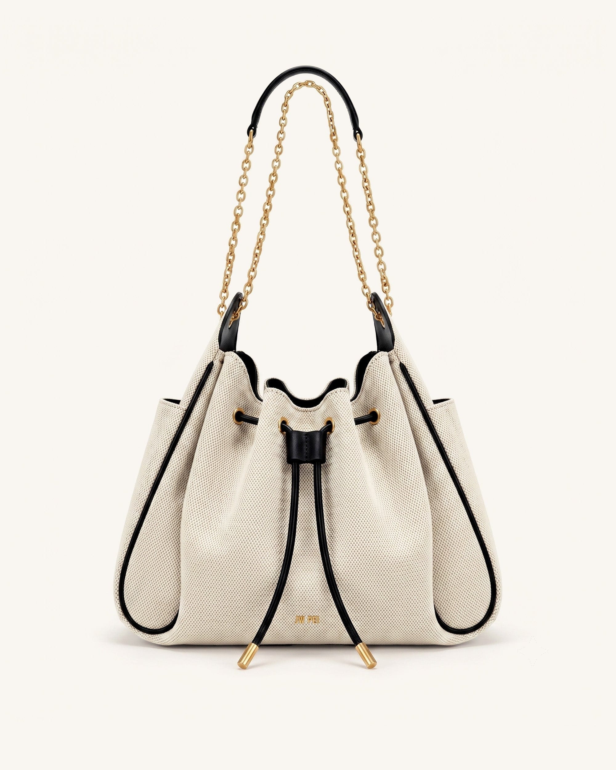 Rowan Ruched Drawstring Chain Bucket Bag - Black