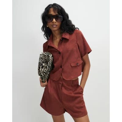 Brown Faux Suede Pleated Shorts