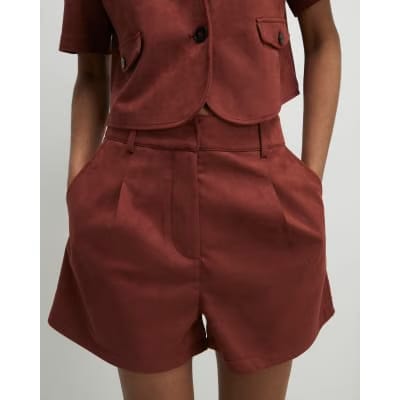 Brown Faux Suede Pleated Shorts