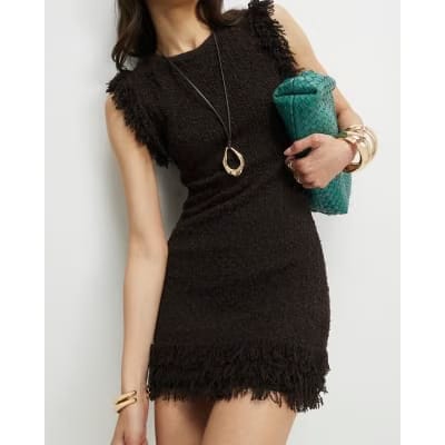 Brown Knitted Fringe Trim Mini Dress