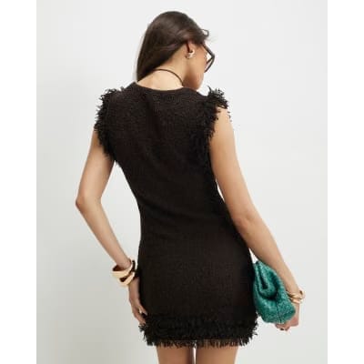 Brown Knitted Fringe Trim Mini Dress