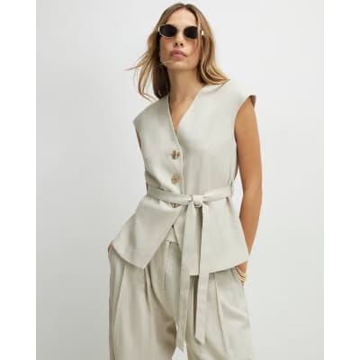 Beige Linen Blend Sleeveless Tie Waist Top