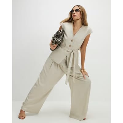 Beige Linen Blend Sleeveless Tie Waist Top