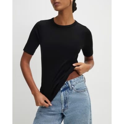 Black Short Sleeve Cotton Fitted Top