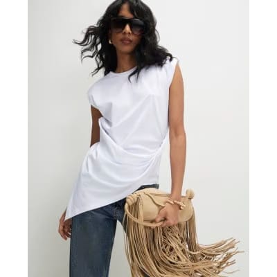 White Sleeveless Twist Front Shoulder Pad Top