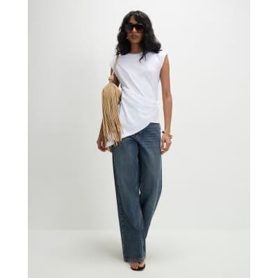White Sleeveless Twist Front Shoulder Pad Top