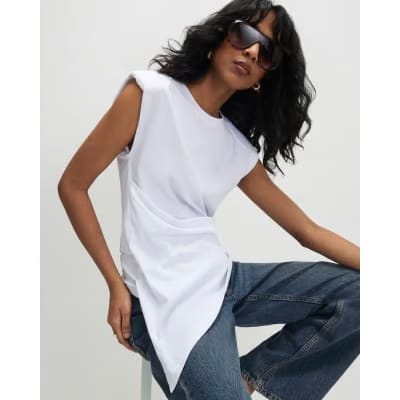 White Sleeveless Twist Front Shoulder Pad Top