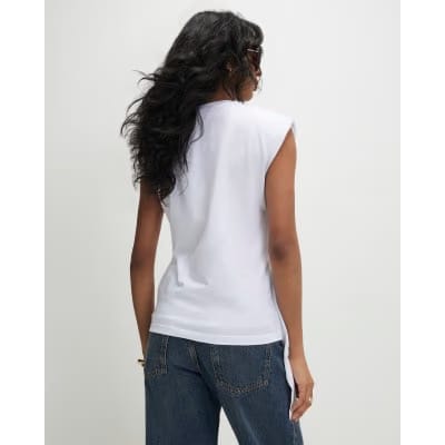 White Sleeveless Twist Front Shoulder Pad Top