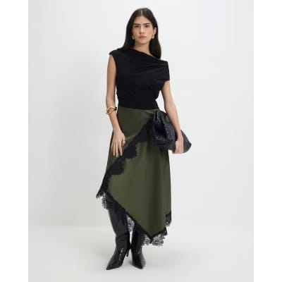 Petite Khaki Lace Hybrid Drape Maxi Dress