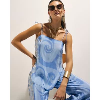 Blue Abstract Palm Print Cami Top