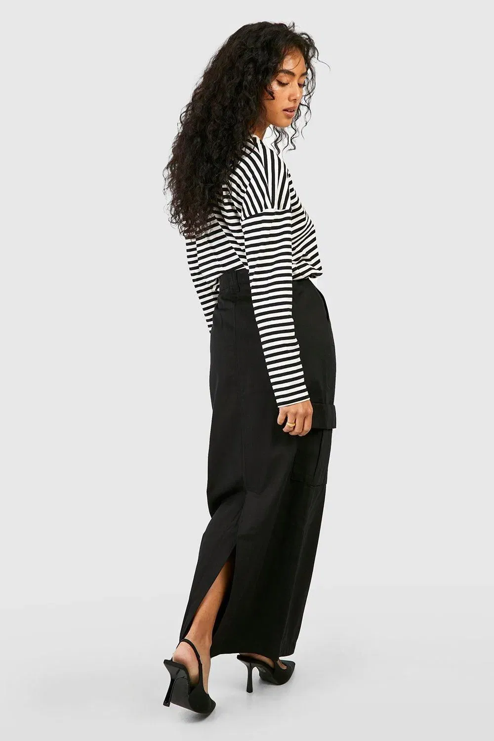 High Waisted Twill Cargo Midaxi Skirt