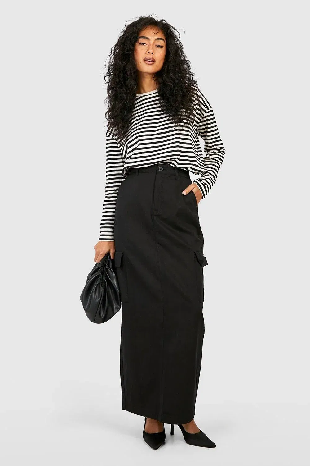 High Waisted Twill Cargo Midaxi Skirt