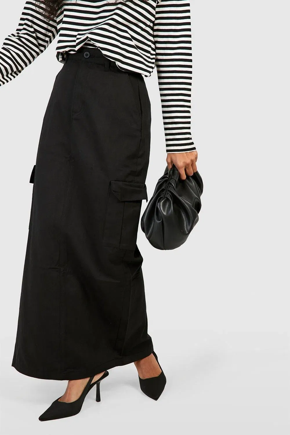 High Waisted Twill Cargo Midaxi Skirt