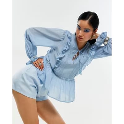 Blue Long Sleeve Lace Insert Blouse