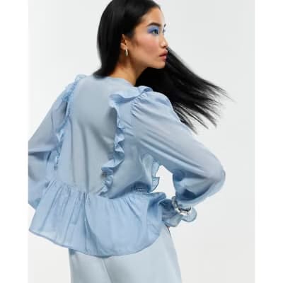 Blue Long Sleeve Lace Insert Blouse