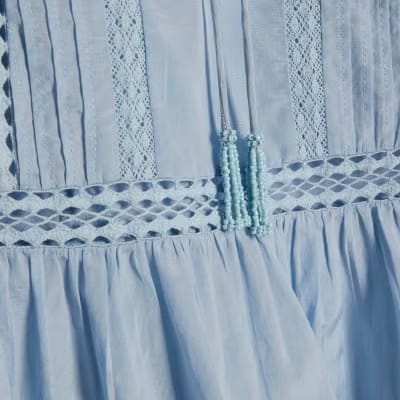 Blue Long Sleeve Lace Insert Blouse