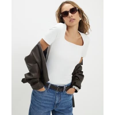White Square Neck Fitted T-shirt