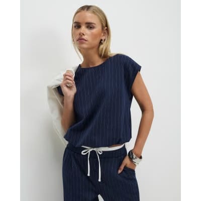 Petite Navy Pinstripe Wide Leg Trousers