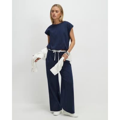 Petite Navy Pinstripe Wide Leg Trousers