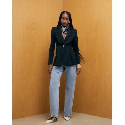 Black Long Sleeve Cinched Waist Blazer