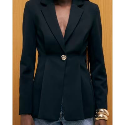 Black Long Sleeve Cinched Waist Blazer