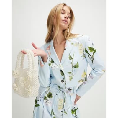 Blue Linen Blend Floral Cropped Blazer