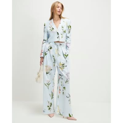 Blue Linen Blend Floral Cropped Blazer