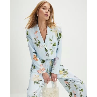 Blue Linen Blend Floral Cropped Blazer