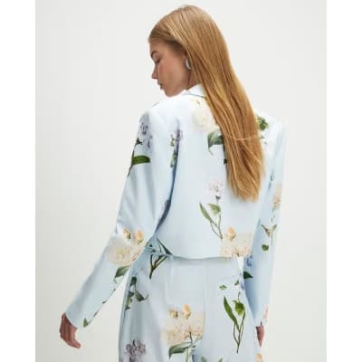 Blue Linen Blend Floral Cropped Blazer