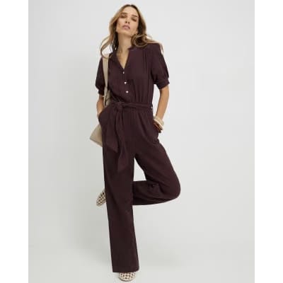 Brown Textured Wide Leg Jumpsuit