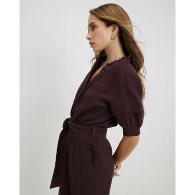 Brown Textured Wide Leg Jumpsuit