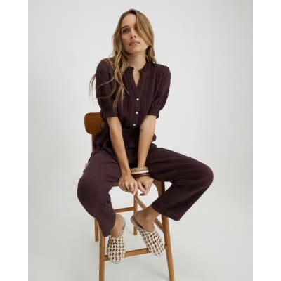 Brown Textured Wide Leg Jumpsuit