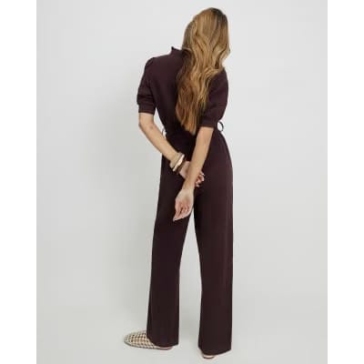 Brown Textured Wide Leg Jumpsuit