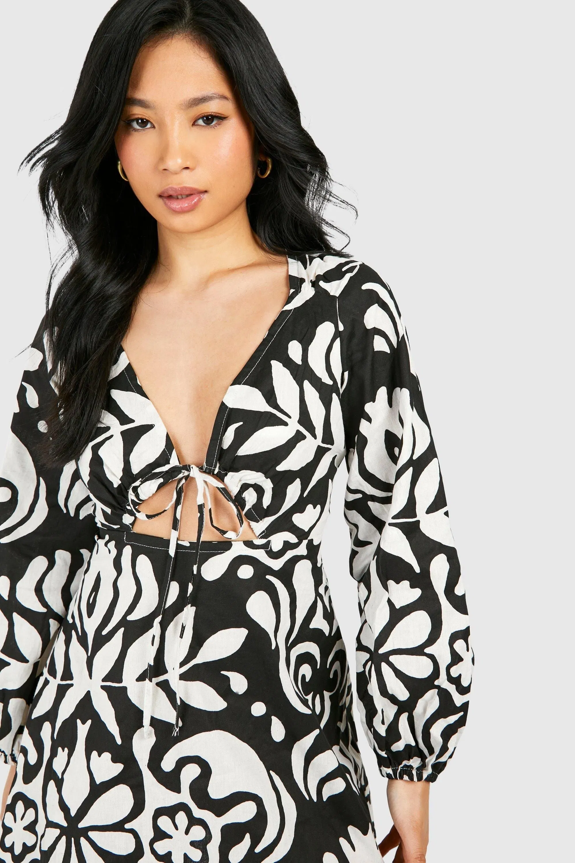 Petite Mono Printed Linen Look Mini Dress