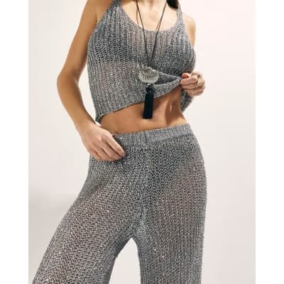 Silver Metallic Knit Wide Leg Trousers