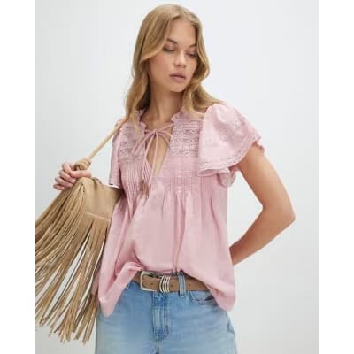 Pink Ruffle Sleeve Lace Blouse