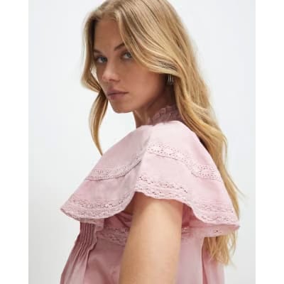 Pink Ruffle Sleeve Lace Blouse