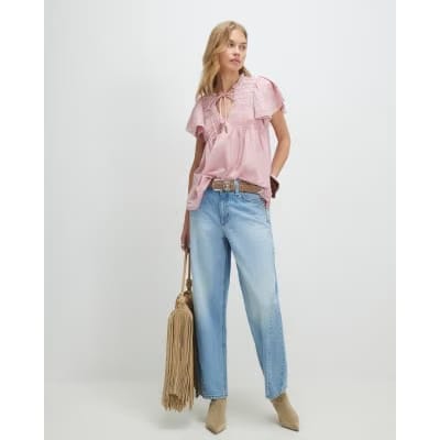 Pink Ruffle Sleeve Lace Blouse