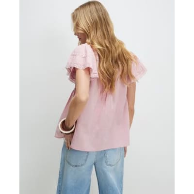 Pink Ruffle Sleeve Lace Blouse