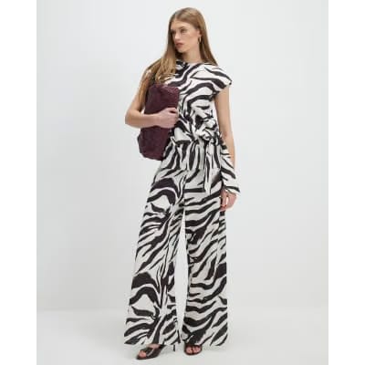 White Zebra Print Wide Leg Trousers
