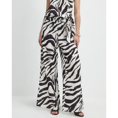 White Zebra Print Wide Leg Trousers