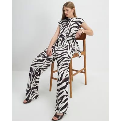 White Zebra Print Wide Leg Trousers