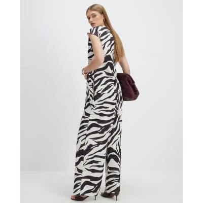 White Zebra Print Wide Leg Trousers