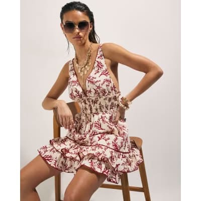 Cream Coral Print Mini Beach Dress