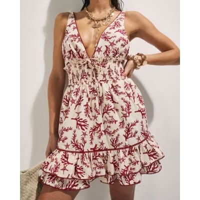 Cream Coral Print Mini Beach Dress