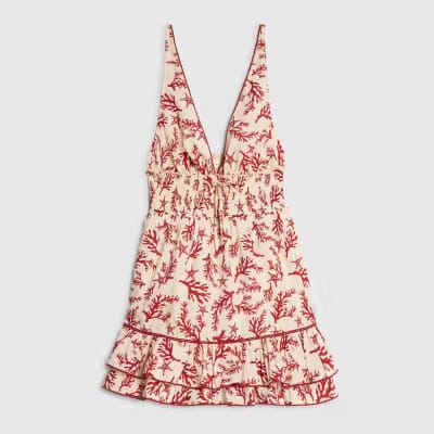 Cream Coral Print Mini Beach Dress