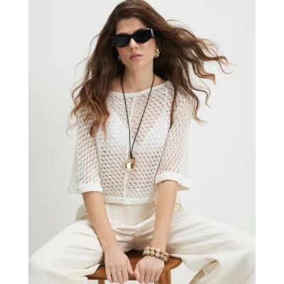 White Open Stitch Knitted T-Shirt
